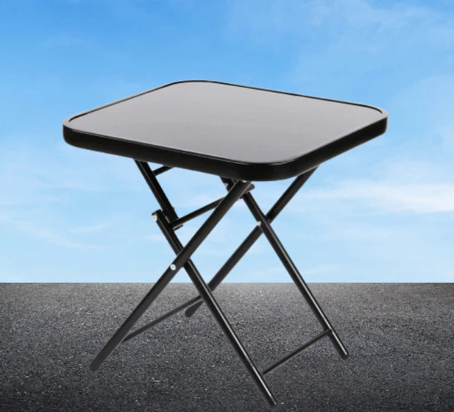 Folding Drinks Side Table, Outdoor Garden Table, Small Square Patio Table - Black with Tempered Glass Top-GCC Home Center
