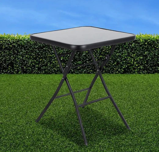 Folding Drinks Side Table, Outdoor Garden Table, Small Square Patio Table - Black with Tempered Glass Top-GCC Home Center