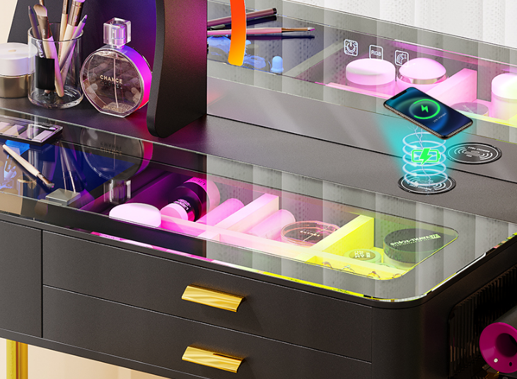 Makeup Vanity Table with Mirror and Lights- Vanity Desk with Glass Top Design & Charging Station-GCC Home Center