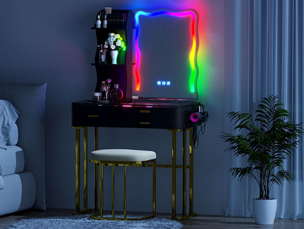 Makeup Vanity Table with Mirror and Lights- Vanity Desk with Glass Top Design & Charging Station-GCC Home Center