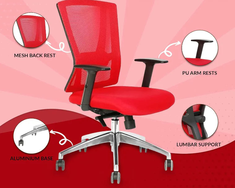 Office Executive Office Medium Back Chair, Mesh Back Rest, Aluminum Base with PU Arm Rest-GCC Home Center