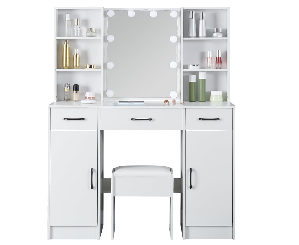 Large Vanity Desk with Lighted Mirror, Modern Vanity Set with 3 Drawers and 2 Storage Shelves-GCC Home Center