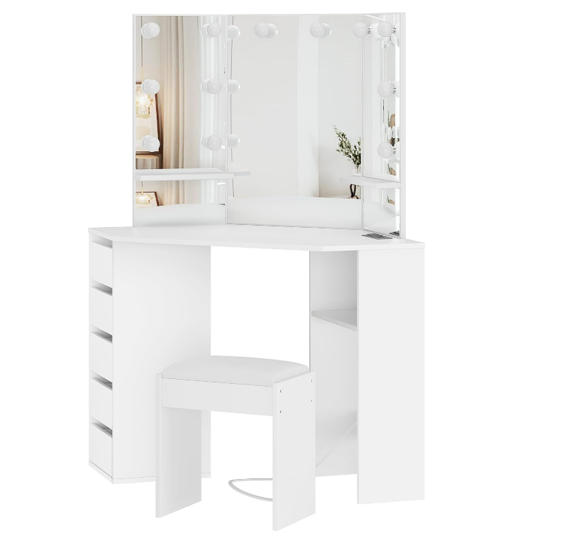 Vanity Desk with Mirror and Lights, Large Dressing Tables with Charging, 5 Drawers, Shelves and Vanity Stool-GCC Home Center