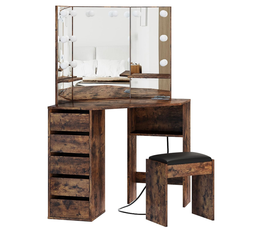 Vanity Desk with Mirror and Lights, Large Dressing Tables with Charging, 5 Drawers, Shelves and Vanity Stool-GCC Home Center