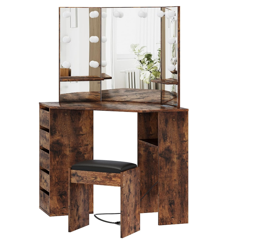 Vanity Desk with Mirror and Lights, Large Dressing Tables with Charging, 5 Drawers, Shelves and Vanity Stool-GCC Home Center