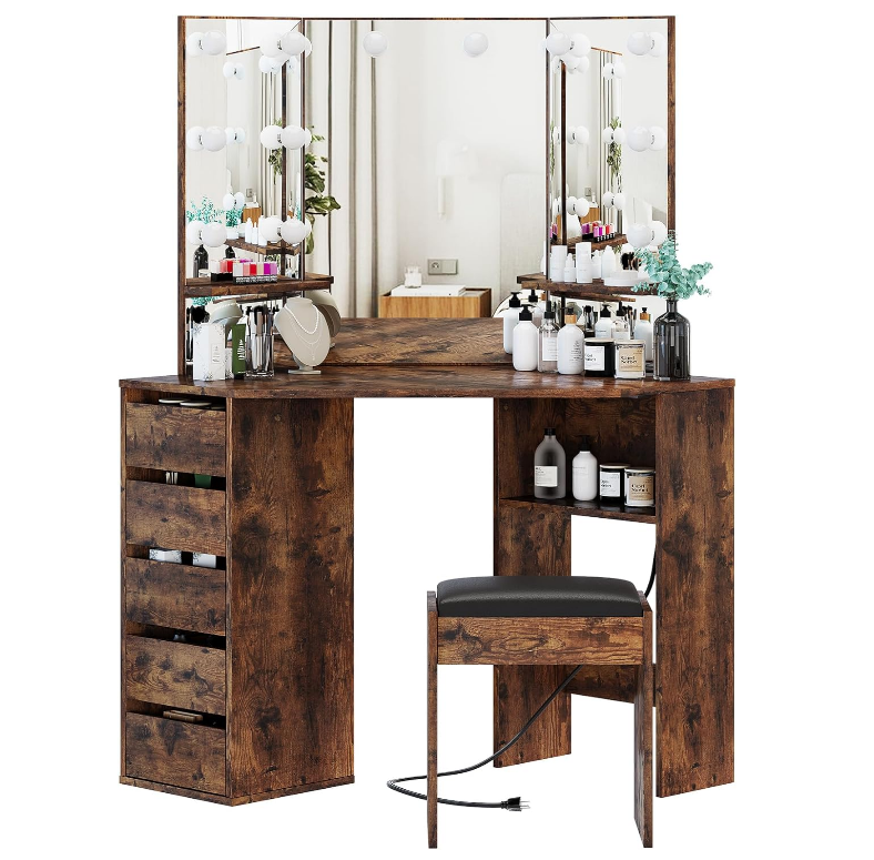 Vanity Desk with Mirror and Lights, Large Dressing Tables with Charging, 5 Drawers, Shelves and Vanity Stool-GCC Home Center