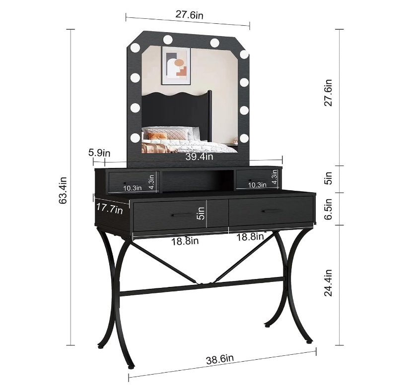 Vanity Table with Lighted Mirror, Modern Makeup Vanity Table with 10 Lights Makeup Desk 4 drawer Storage-GCC Home Center
