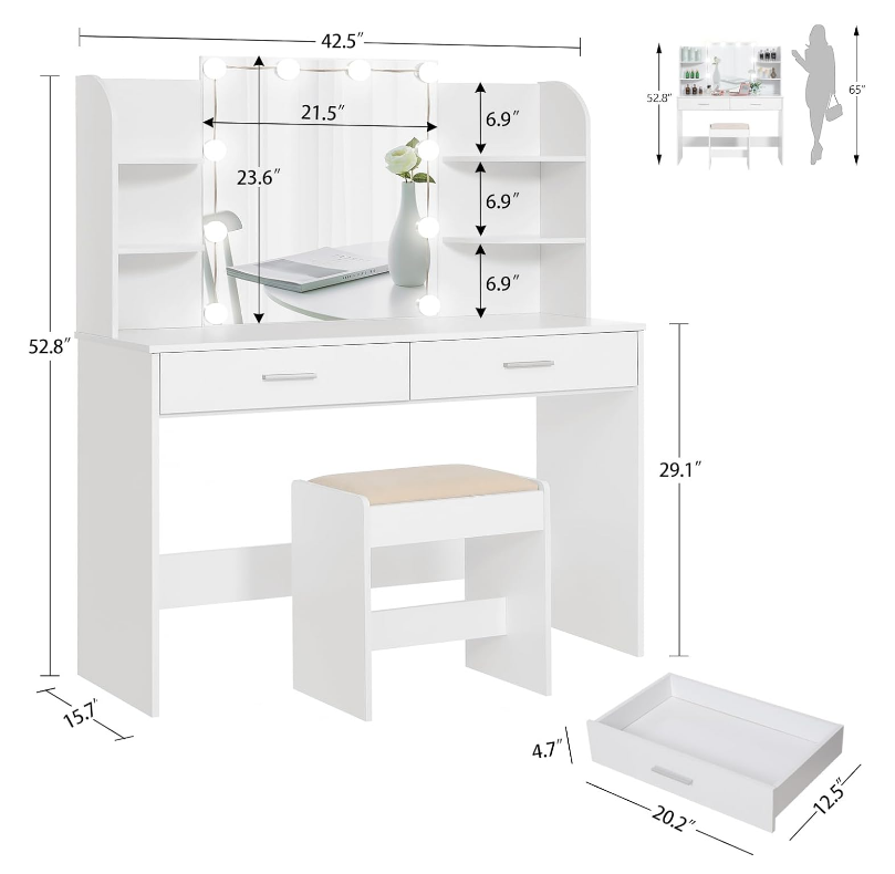 Makeup Vanity with Mirror and 10 LED Lights, Vanity Makeup Table Set with 2 Drawers and Open Shelves-GCC Home Center