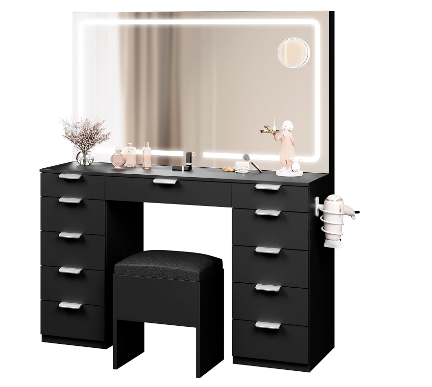 Vanity Desk Set with Large LED Lighted Mirror & Power Outlet, 11 Drawers and Magnifying Glass-GCC Home Center