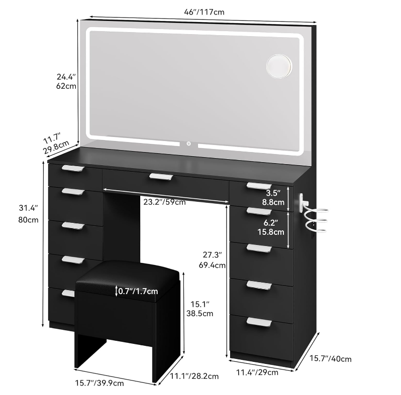 Vanity Desk Set with Large LED Lighted Mirror & Power Outlet, 11 Drawers and Magnifying Glass-GCC Home Center