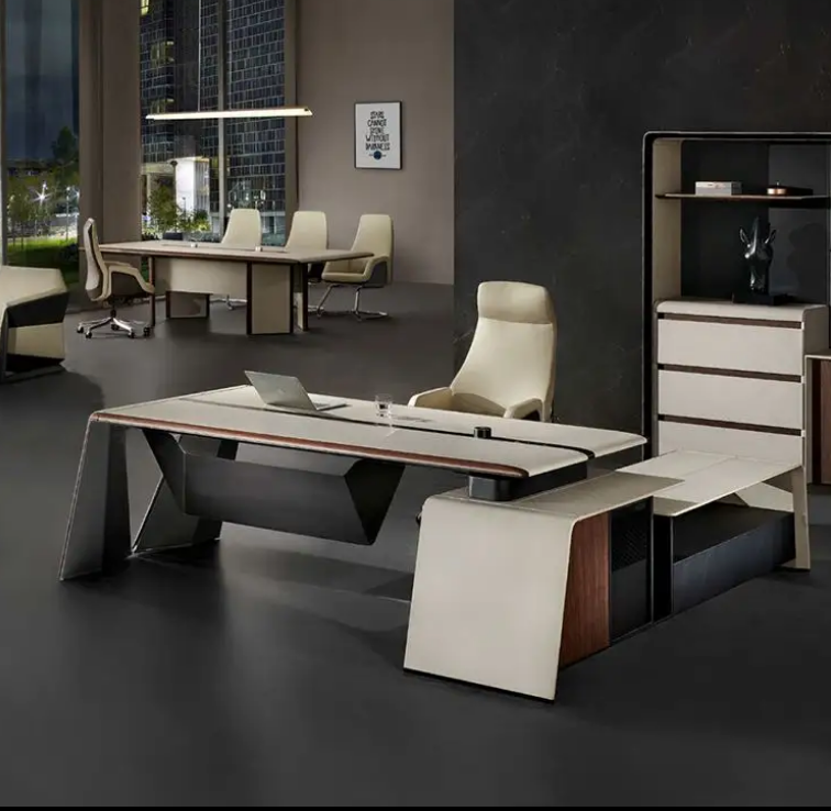 Modern Luxury Executive Office Table With Titanium Legs - White & Brown-GCC Home Center