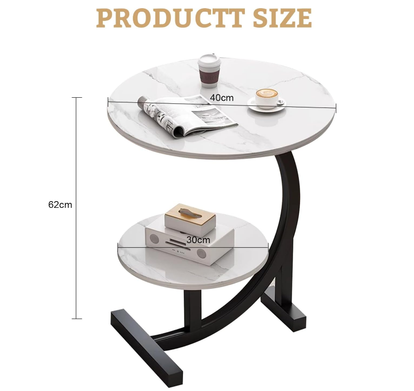 Round Side Coffee Table, C Shaped End Table for Living Room - White Marble-GCC Home Center