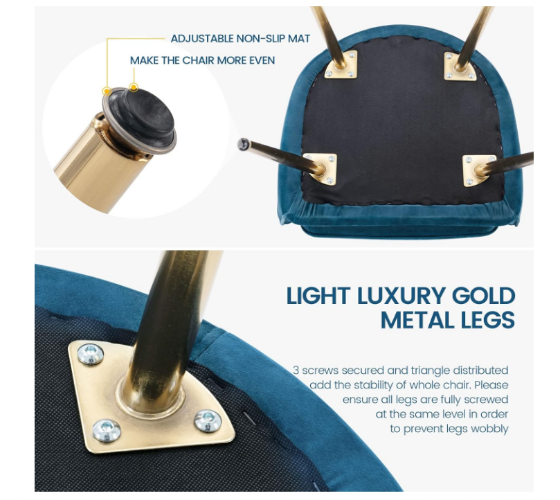 Velvet Dining Chair Set of 2 - Mid-Back Accent Chair, Modern Leisure Armchair with Gold Plating Legs (Blue)-GCC Home Center