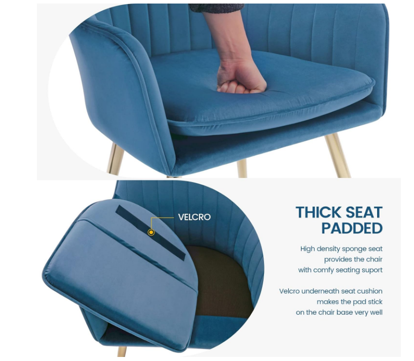 Velvet Dining Chair Set of 2 - Mid-Back Accent Chair, Modern Leisure Armchair with Gold Plating Legs (Blue)-GCC Home Center