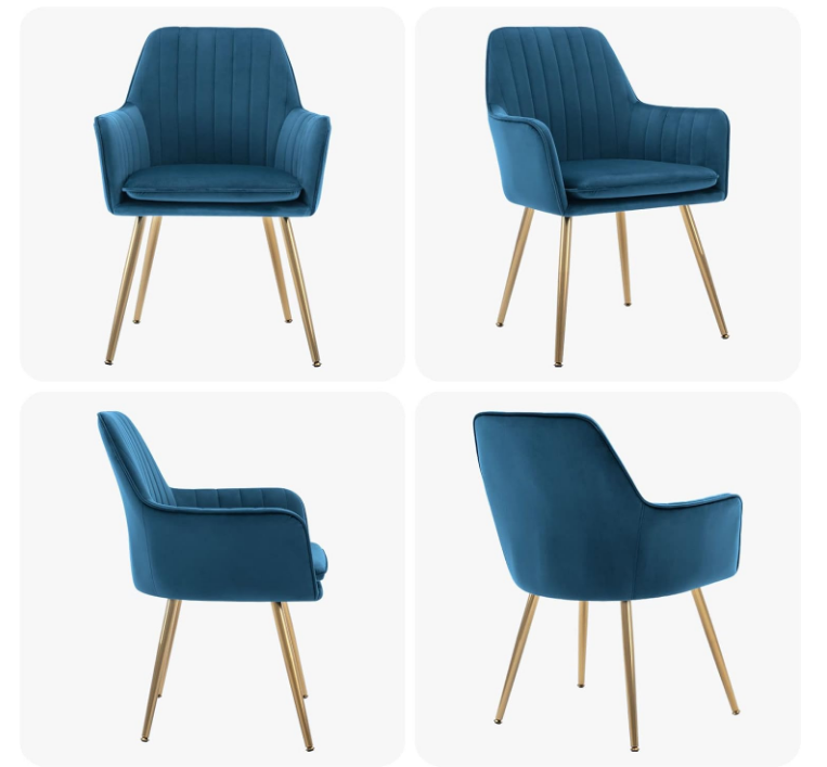 Velvet Dining Chair Set of 2 - Mid-Back Accent Chair, Modern Leisure Armchair with Gold Plating Legs (Blue)-GCC Home Center