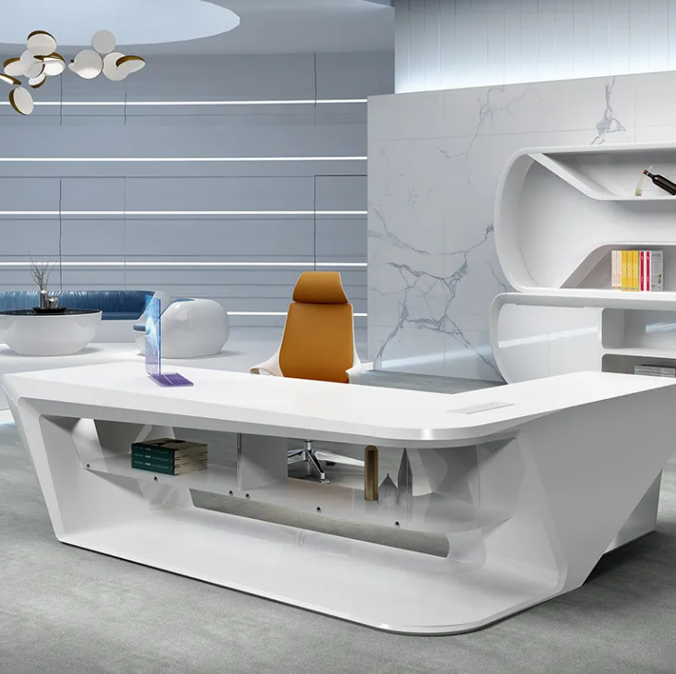 High-End Executive Office Desk with Filing Cabinet, Walnut Finish, Modern CEO Workstation-GCC Home Center