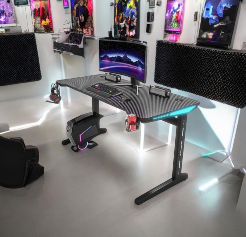 Gaming Desk Embeded Carbon Fiber RGB D-Shaped Black-120cm-GCC Home Center