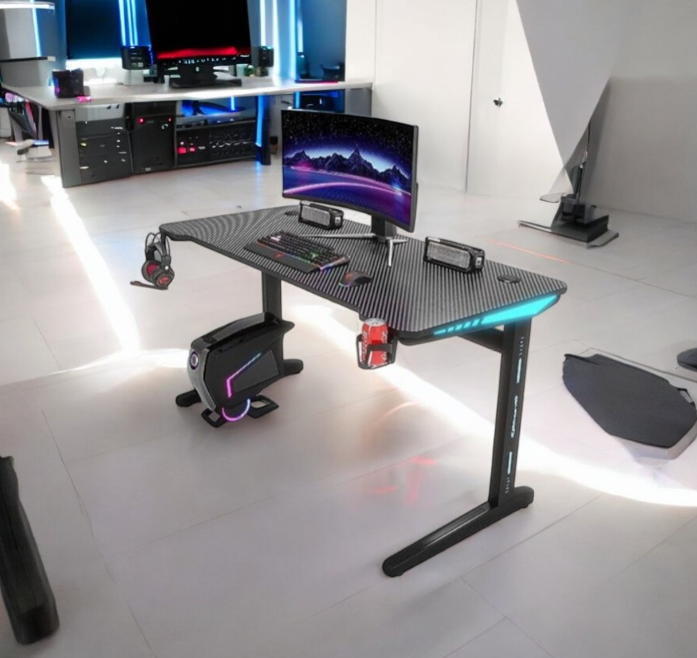Gaming Desk Embeded Carbon Fiber RGB D-Shaped Black-120cm-GCC Home Center