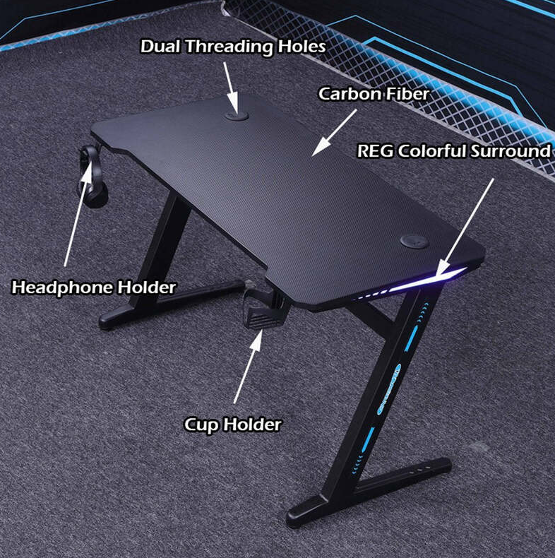 Gaming Desk Embeded Carbon Fiber RGB D-Shaped Black-120cm-GCC Home Center
