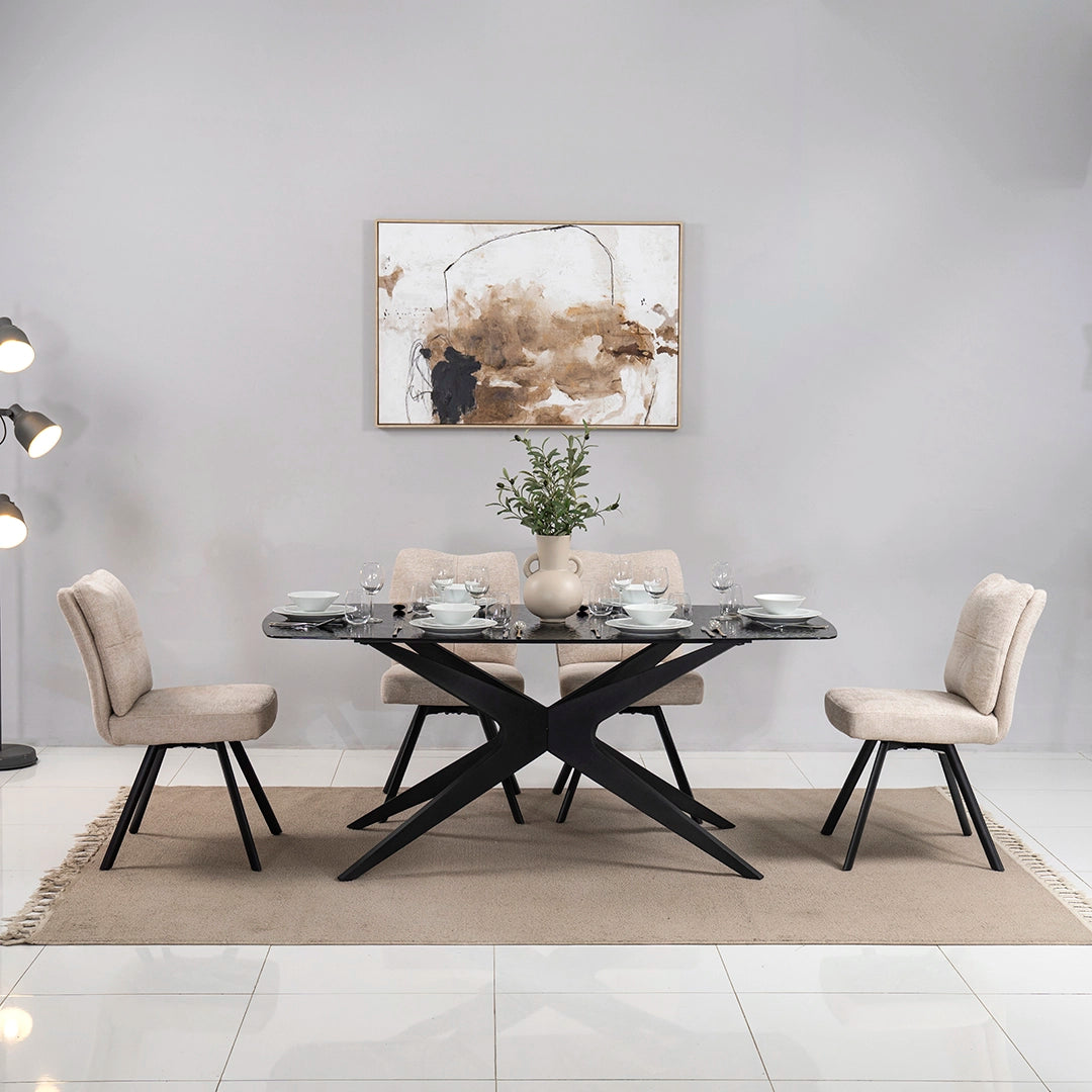 6-Seater Glass Top Dining Set – Black & Beige