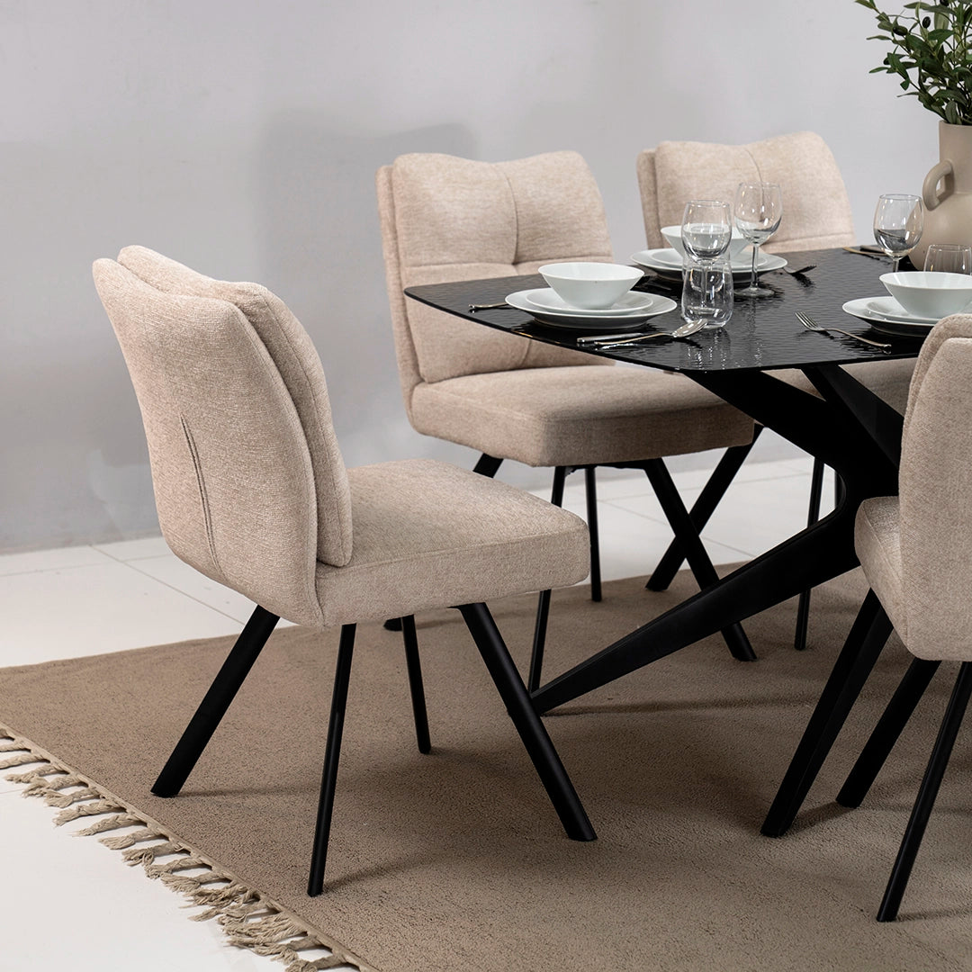 6-Seater Glass Top Dining Set – Black & Beige