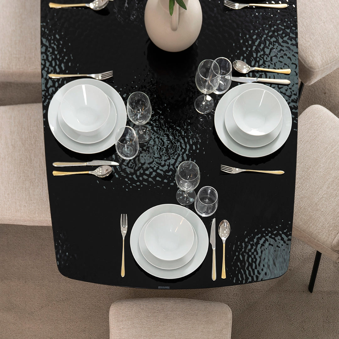 6-Seater Glass Top Dining Set – Black & Beige
