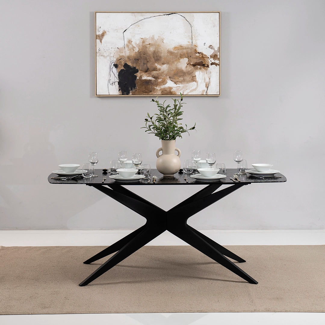 6-Seater Glass Top Dining Set – Black & Beige