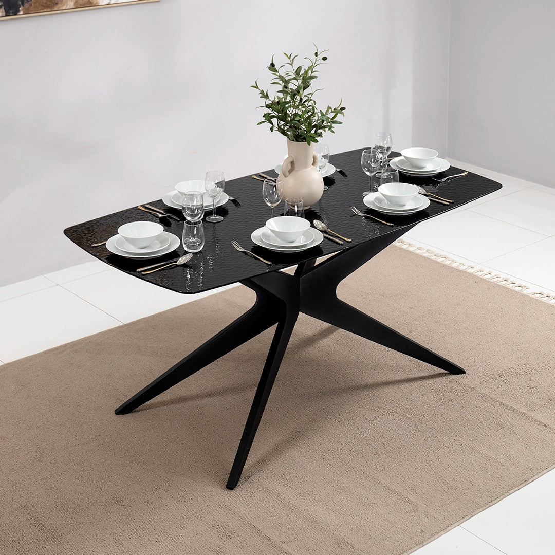 6-Seater Glass Top Dining Set – Black & Beige