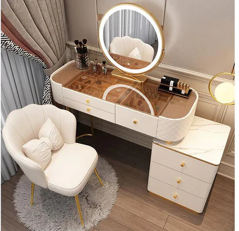 Elegant Solid Wood Vanity Makeup Table with 3-Tone LED Mirror and Chair - Perfect Gift for Women-GCC Home Center