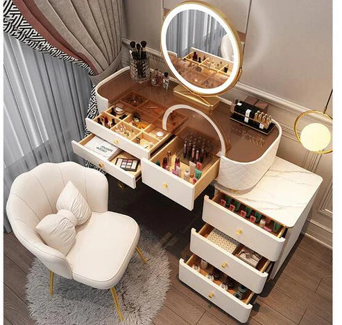 Elegant Solid Wood Vanity Makeup Table with 3-Tone LED Mirror and Chair - Perfect Gift for Women-GCC Home Center