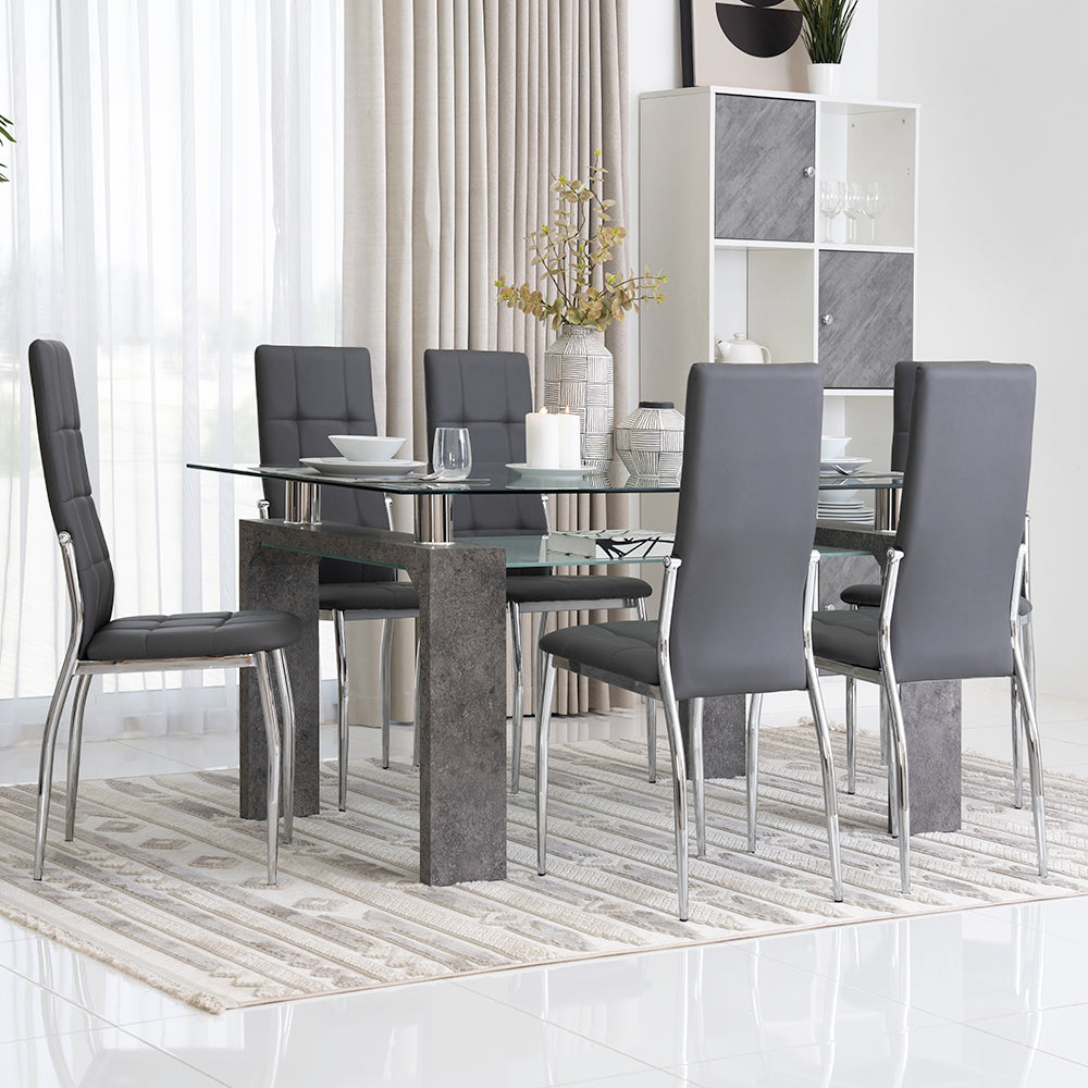 6-Seater Dining Set – Tempered Glass & Faux Leather