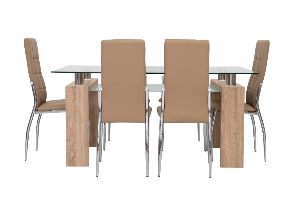6-Seater Dining Set – Tempered Glass & Faux Leather