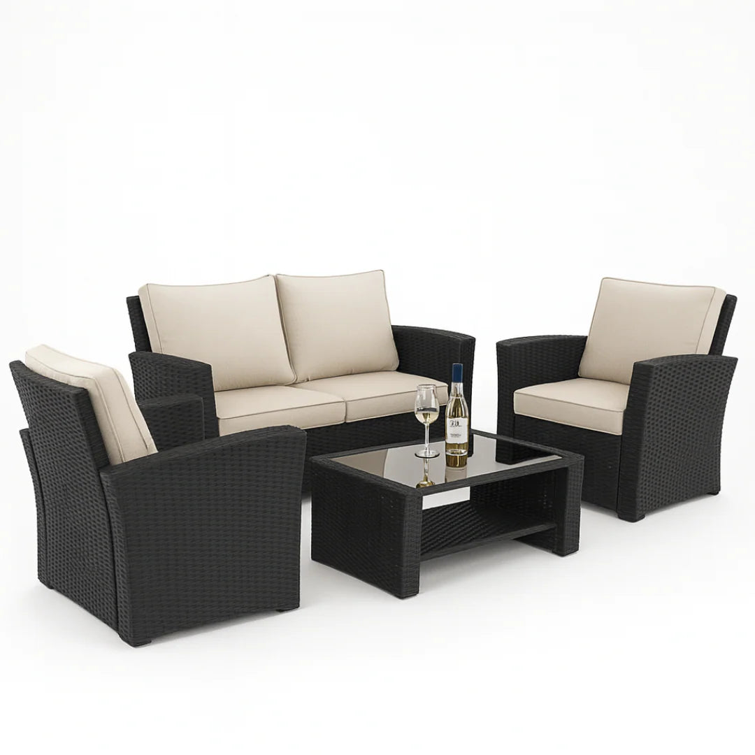 Wooden Twist Luxury Black Rattan Outdoor Sofa Set with Cushions & Glass Coffee Table – 4 Piece Garden Patio Furniture