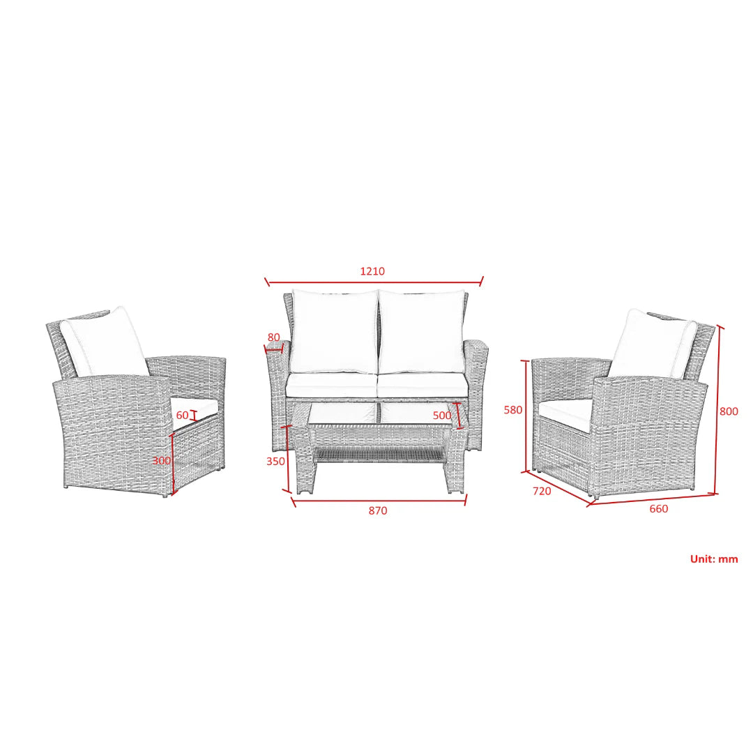Wooden Twist Luxury Black Rattan Outdoor Sofa Set with Cushions & Glass Coffee Table – 4 Piece Garden Patio Furniture