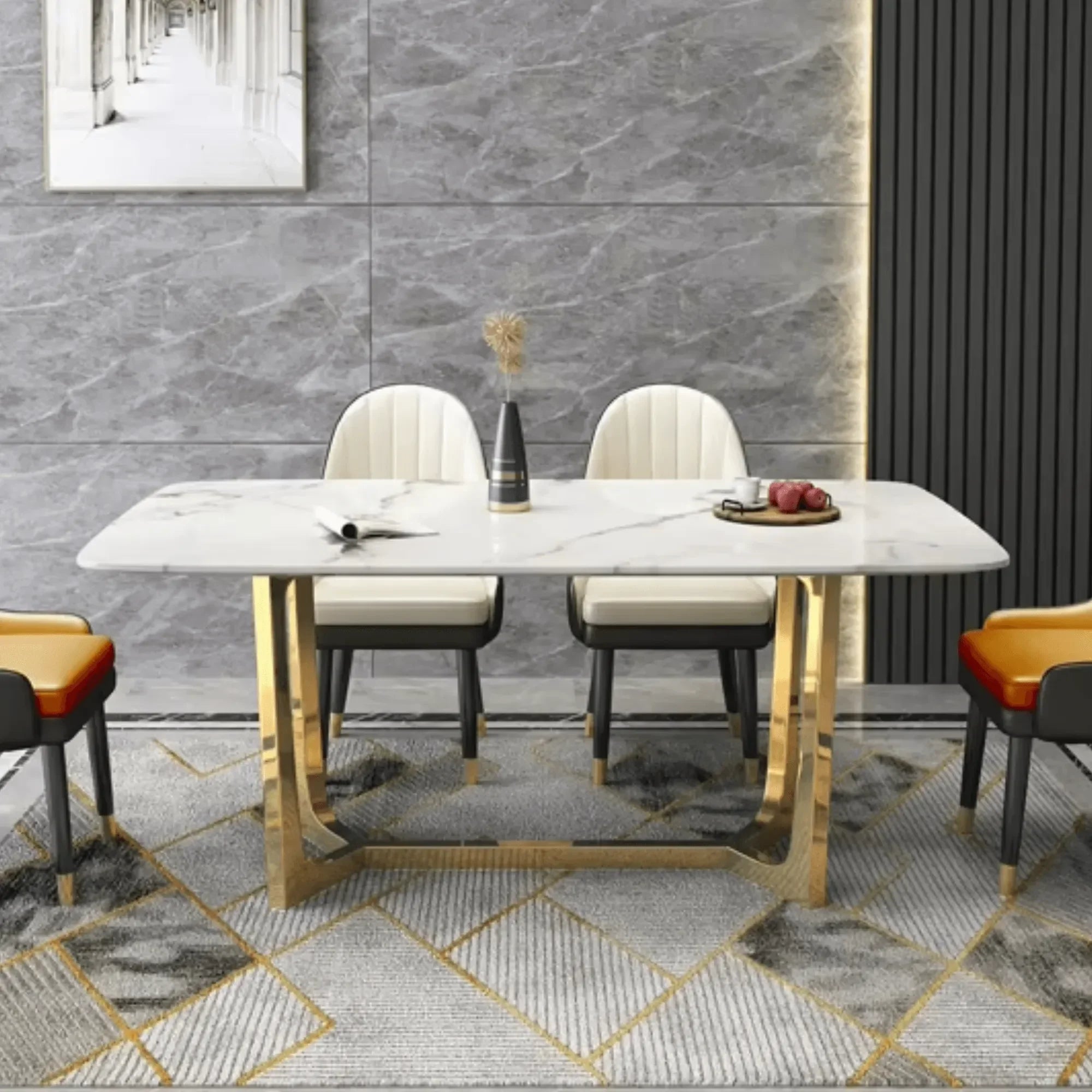 Luxury Marble Top Dining Table Elegant Golden Stainless Steel Base