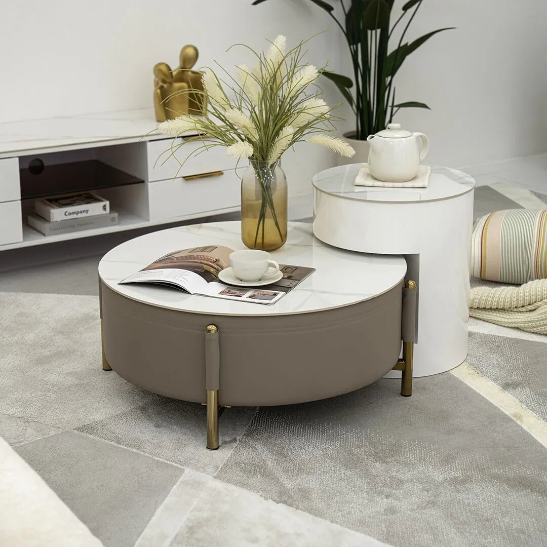 Modern Round Coffee Table Set – Champagne & White (2-Piece)