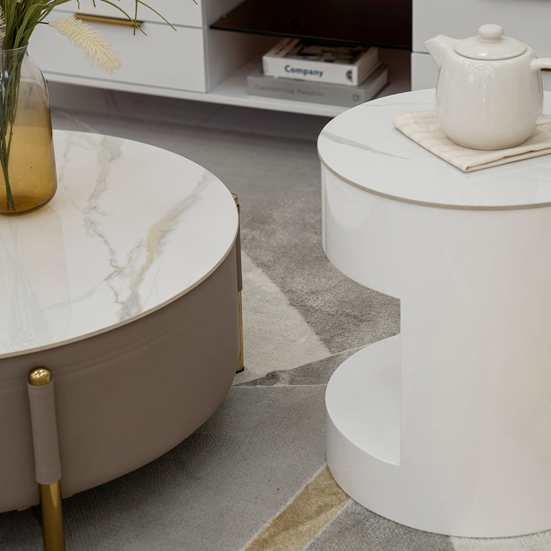 Modern Round Coffee Table Set – Champagne & White (2-Piece)