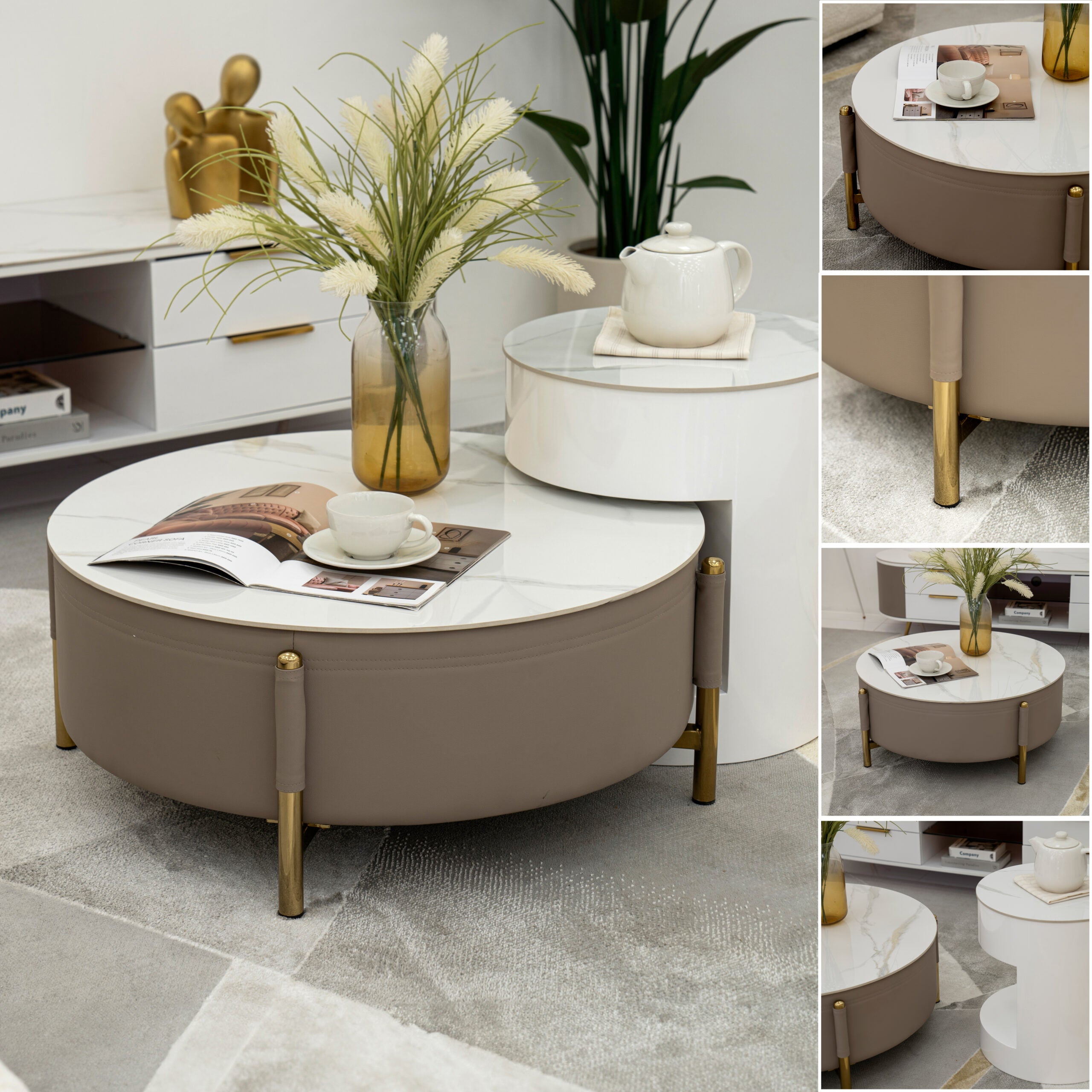 Modern Round Coffee Table Set – Champagne & White (2-Piece)