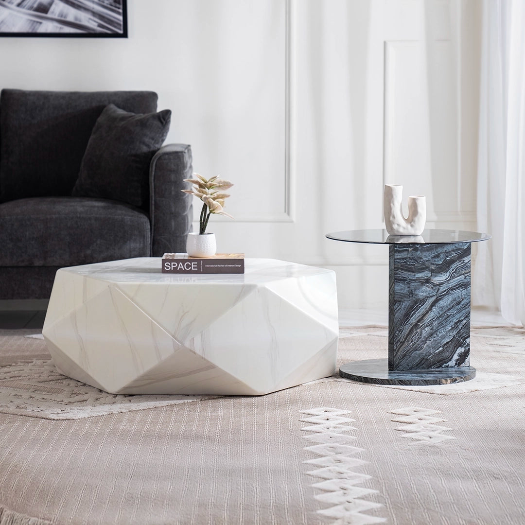Elegant 2-Piece Coffee Table Set – White & Grey Marble Finish