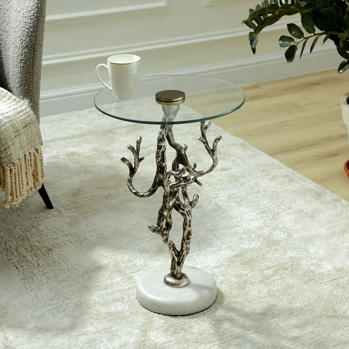 Elegant Side Table – Antique Silver Twig Design Metal with Marble Base & Glass Top