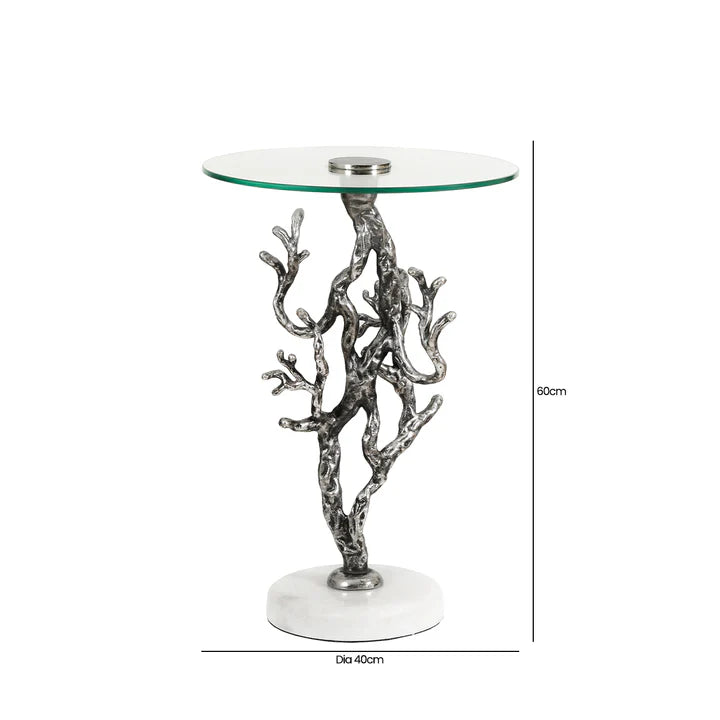 Elegant Side Table – Antique Silver Twig Design Metal with Marble Base & Glass Top
