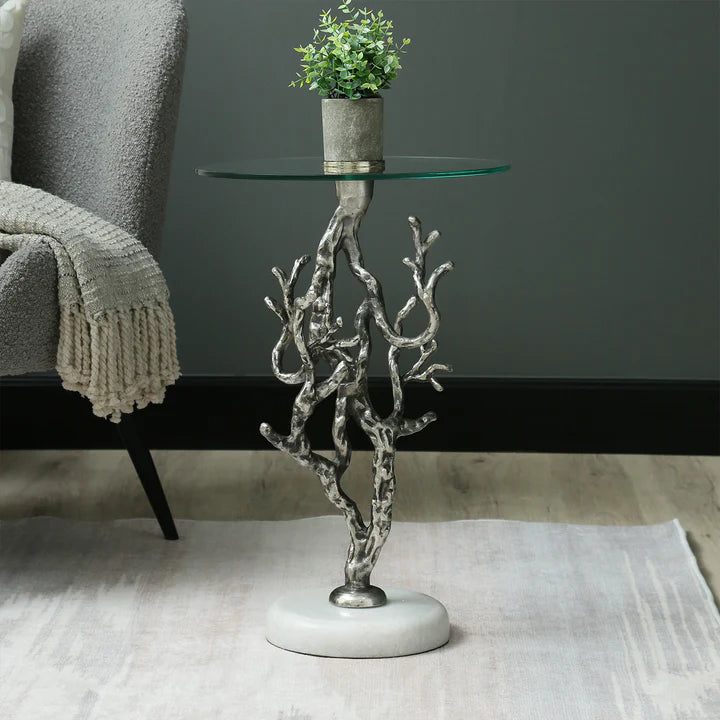 Elegant Side Table – Antique Silver Twig Design Metal with Marble Base & Glass Top