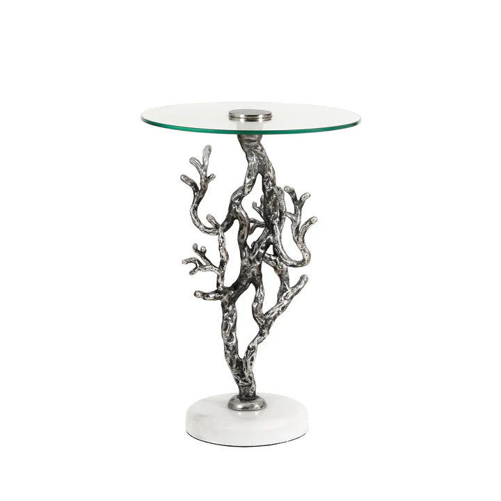 Elegant Side Table – Antique Silver Twig Design Metal with Marble Base & Glass Top
