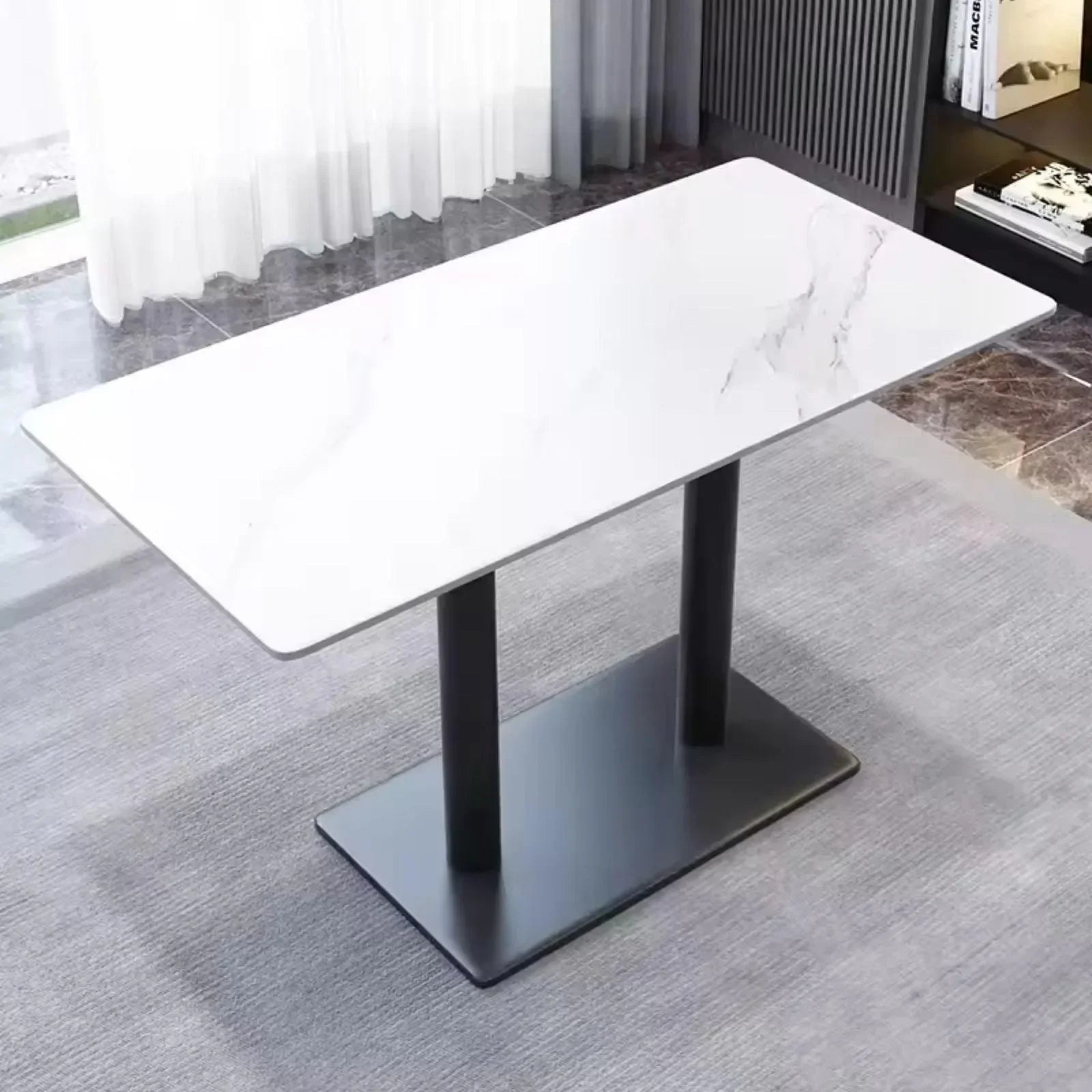 Rectangular Heavy Duty Metal Frame & Marble Top Restaurant Dining Table Modern Elegant Sturdy Table
