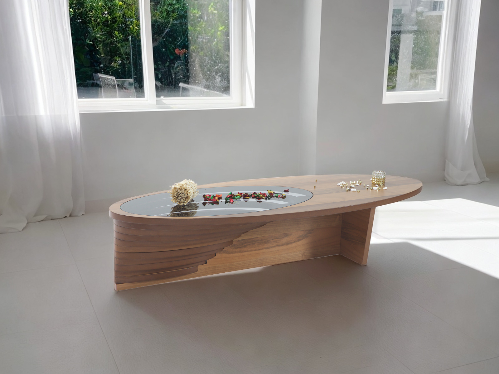 Walnut Coffee Table - Engineered Wood With Tempered Glass