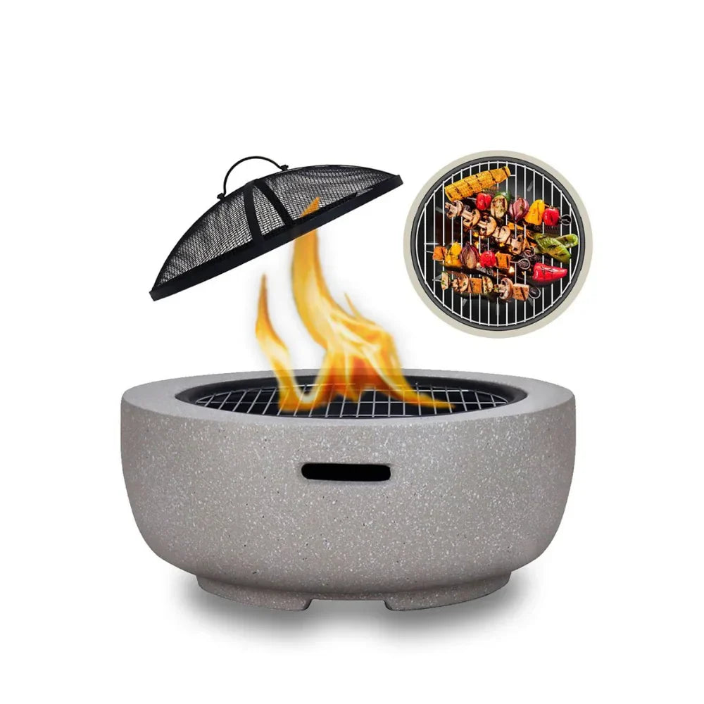 Outdoor Round Firepit (Charcoal & Wood Burning) with BBQ Grill & Spark Screen