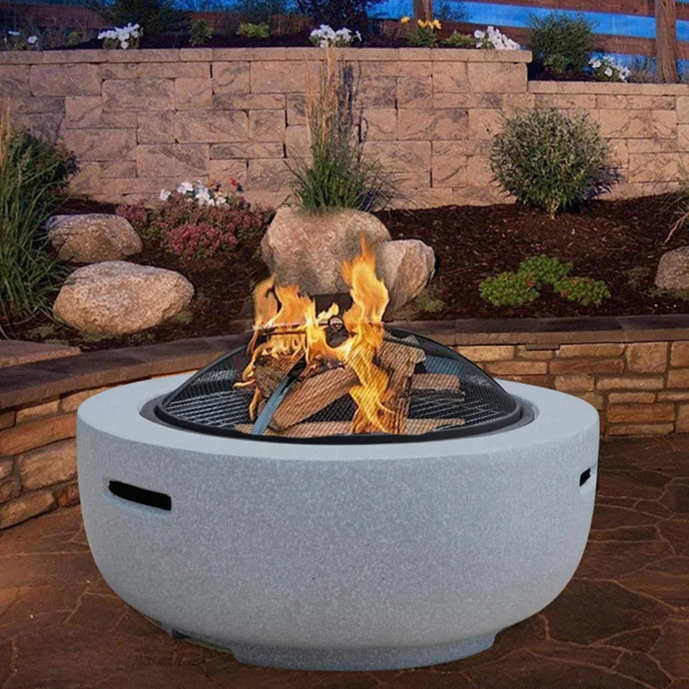 Outdoor Round Firepit (Charcoal & Wood Burning) with BBQ Grill & Spark Screen