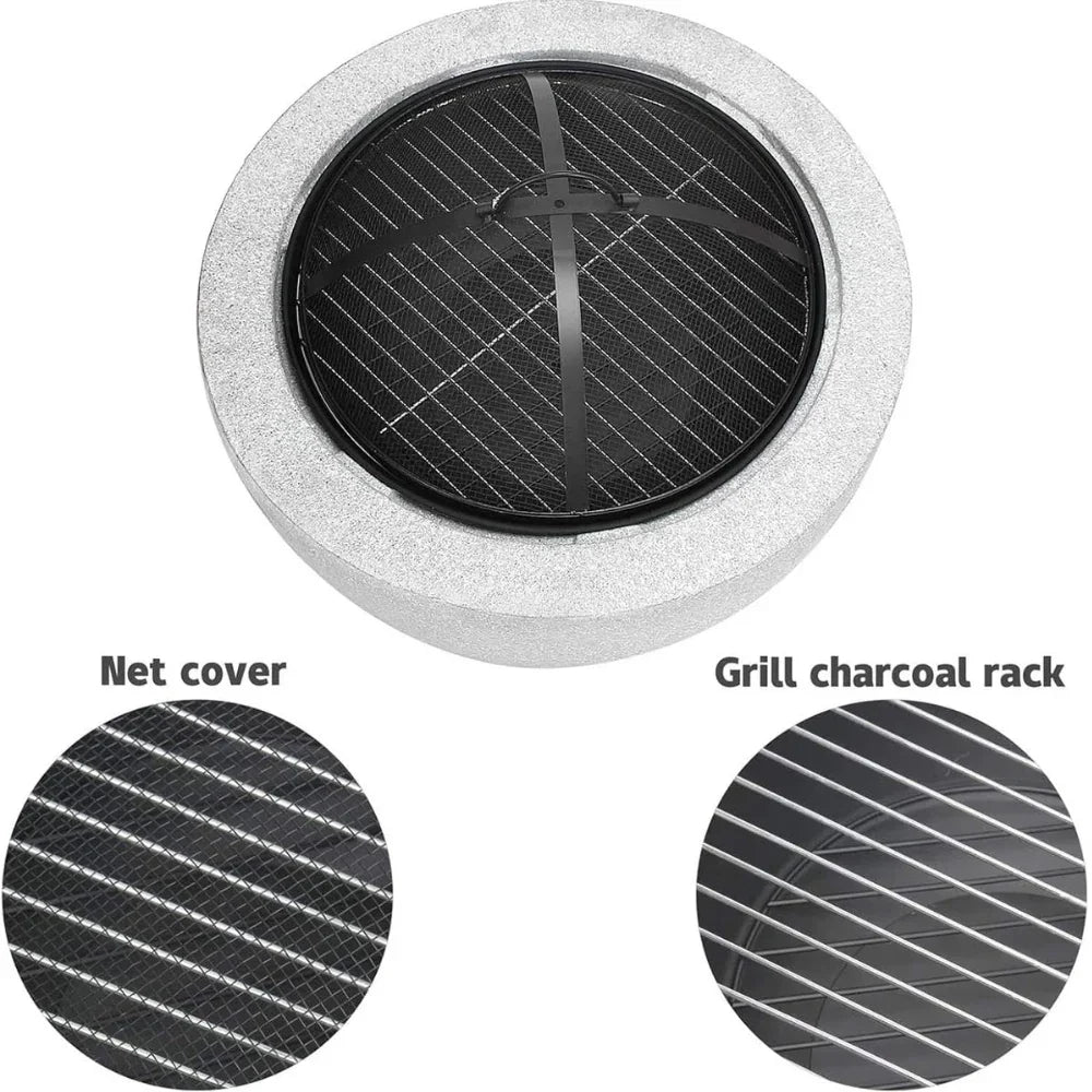 Outdoor Round Firepit (Charcoal & Wood Burning) with BBQ Grill & Spark Screen