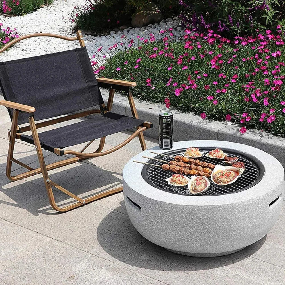 Outdoor Round Firepit (Charcoal & Wood Burning) with BBQ Grill & Spark Screen
