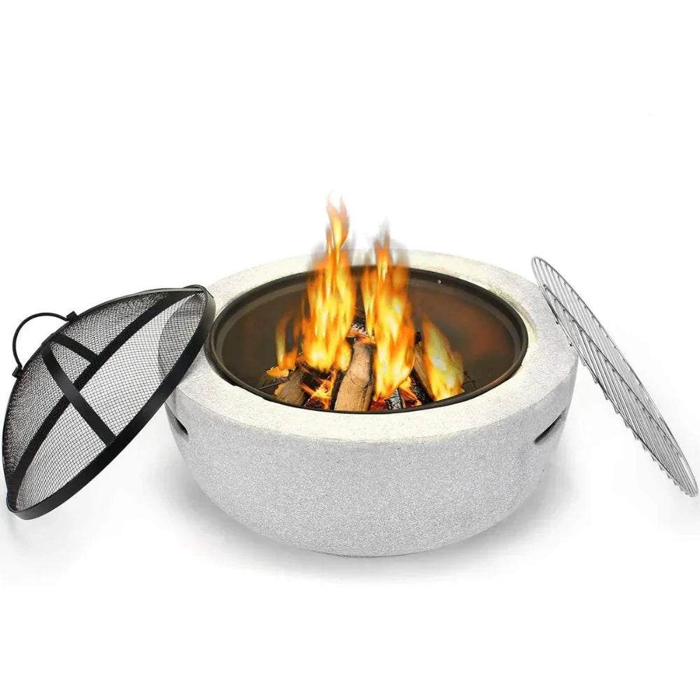 Outdoor Round Firepit (Charcoal & Wood Burning) with BBQ Grill & Spark Screen